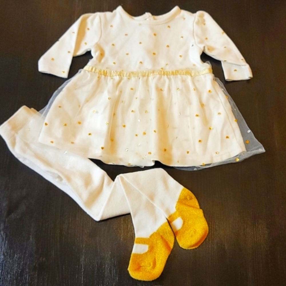 Baby dress with tights, Rene Rofe, gold hearts and off white, Size 3-6 mth